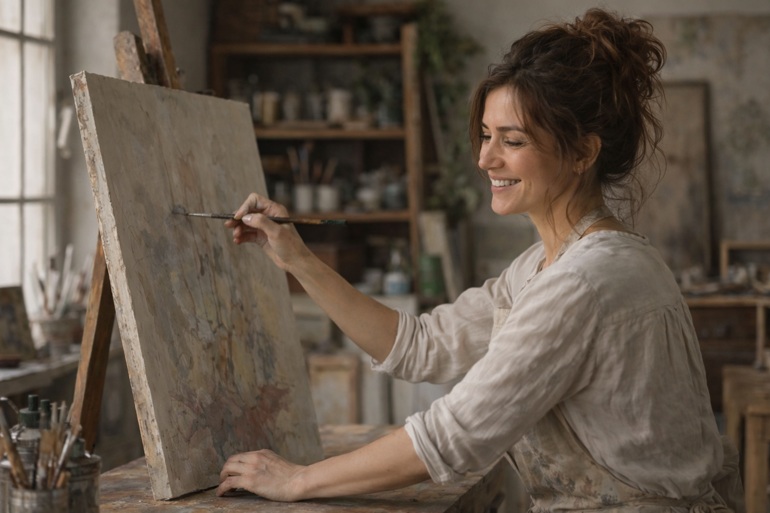 Artist painting at an easel in a warm studio — AI Art Curator & Studio Mentor